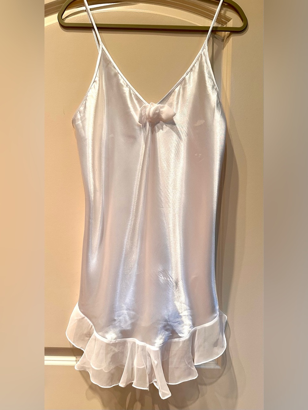 Satin White Lingerie Slip Dress with Ruffle Hem
